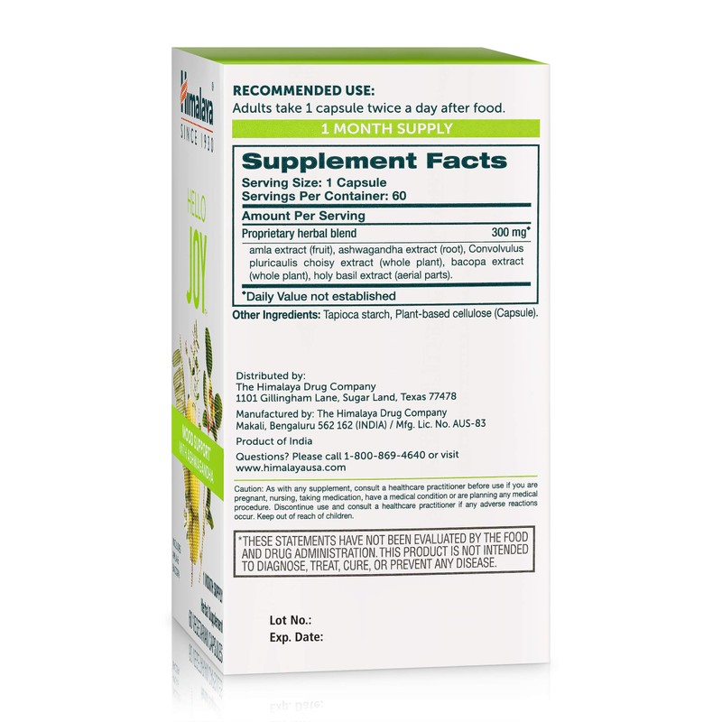 Himalaya Hello Joy Herbal Supplement, with Ashwagandha, Amla, Bacopa, Holy