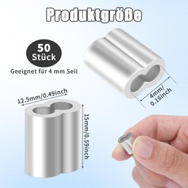 Pack of 50 Aluminium Rope Clamps, DIN6063, Double Hole Wire Rope Clamp, 4 mm, Corrosion-Resistant Rope Clamp, Crimp Sleeves for Port, Metallurgy, Construction, Wire Rope Connectors