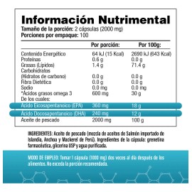Omega-3 De Aceite De Salmn Islands - 2000mg Por Porcin (2 Caps), 360mg Epa, 240mg Dha - 100 Natural - 200 Cpsulas blandas - SV - Sin Excipientes      
