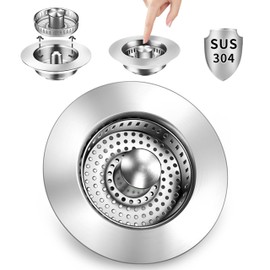 BAOLEXIN Upgraded 3 in 1 Kitchen Sink Drain Strainer -Steel Sink Stopper, Anti-Clogging Sink Food Catcher Basket, Fast Drainage Odor Filter Sink Plug for US Standard 3 1/2 inch