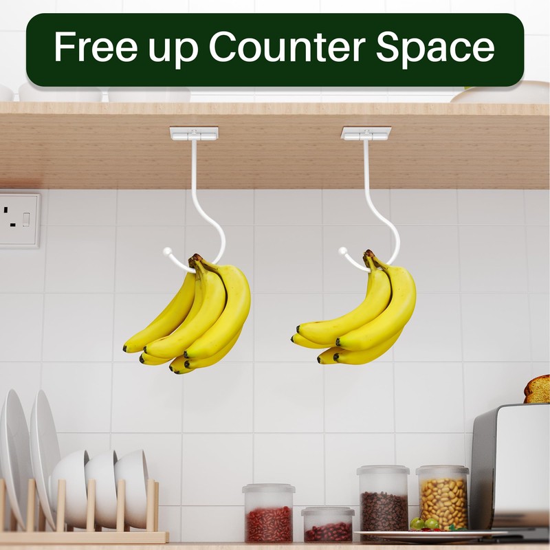 Josmimic White Banana Hanger Hook Under Cabinet: Adhesive Banana Holder,