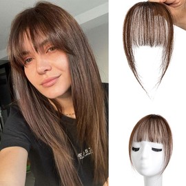 Bangs Hair Clip in Bangs 100% Real Human Hair Extensions Wispy Bangs Clip on Air Bangs for Women Hairpieces Curved Bangs for Daily Wear (A-Dark Brown, Wispy Bangs)