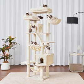 Heybly Cat Tree, 71-Inch-Tall Tower for Indoor Cats with 2 Perches, 2 Big Condos, 2 Hammocks, Basket, Scratching Pad, Large Cat Furniture and Condo, Beige HCT034M