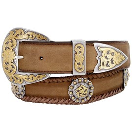 Gold Coloma Conchos Cowboy Cowgirl Western Belt Crazy Horse Scalloped Genuine Leather Belt 1-1/2"(38mm) Wide (Brown, 32)