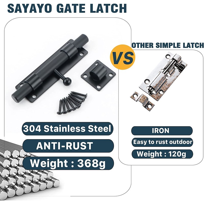 Sayayo Sliding Bolt Gate Latch Black Heavy Duty Stainless Steel