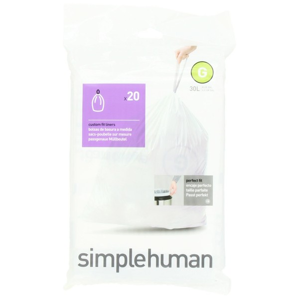 simplehuman Code G Custom Fit Drawstring Trash Bags, 30 Liter / 8 Gallon, White, 20 Count