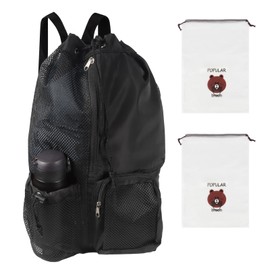 VINEST Mesh Drawstring Swimming Bag, Swim Bag with Wet Pocket, Swimming Bags for Adults Kids, Multifunctional Black Beach Backpack, Swim Accessories for Gym Workout Gear Beach Travel