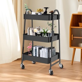 3 Tier Metal Rolling Cart with Handle and Lockable Wheel, Multifunctional Utility Cart on Wheel, Heavy Duty Storage Cart with Handle(Black)