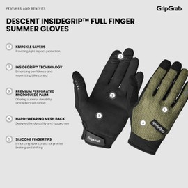 GripGrab Descent InsideGrip Full Finger Summer Mountain Bike Gloves with Knuckle Protection Protective Cycling Gloves MTB