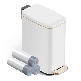 KSSKSS Small Bathroom Trash Can with Lid Soft Close, Step Pedal, 6L / 1.6 Gal Stainless Steel Garbage Bin with Removable Inner Bucket, Slim Wastebasket for Narrow Spaces (White)