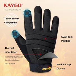 KAYGO KG127W Thermal Mechanical Work Gloves - 3 Pairs, Liner Lined, Warm Mechanic Work Gloves, Ideal for Winter Work, Cold Store Warehouse, Construction in Cold Weather (Full Black, XL, Size 10)