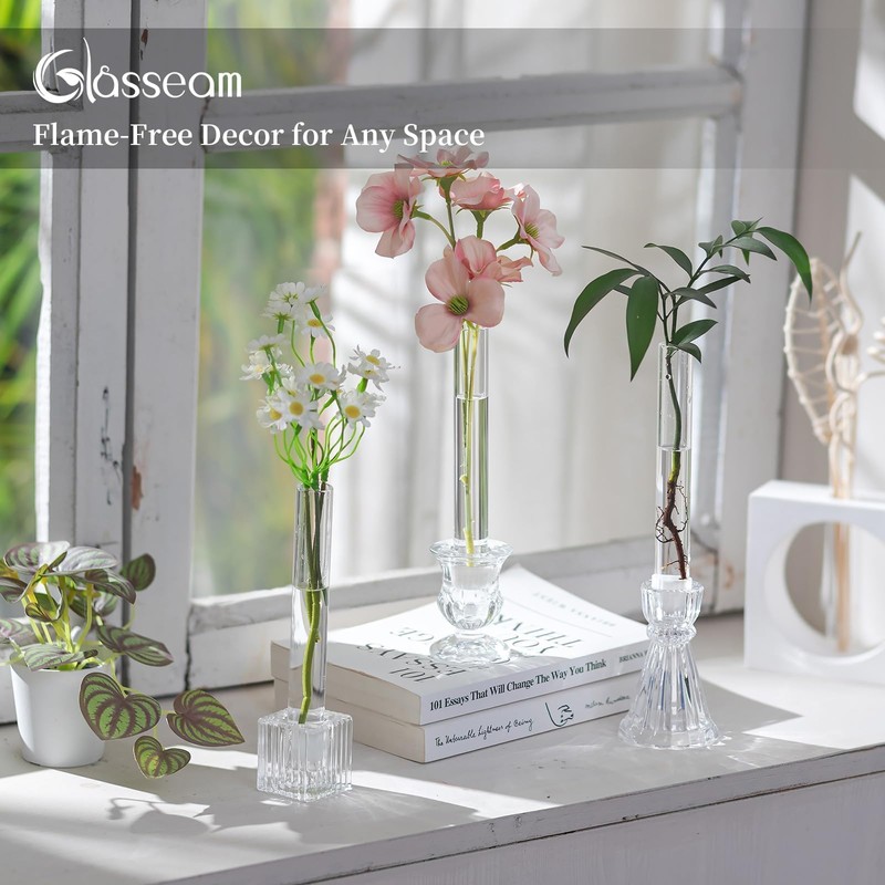 Glasseam 3 Pcs Glass Bud vase for Taper Candle Holder,