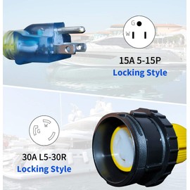 ApexSports RV Power Adapter Cord, 5-15P Male to L5-30R Female with Locking Ring/LED Power Indicator/Dogbone 1.5FT