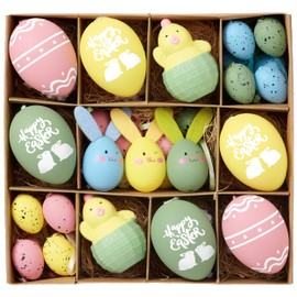 Victor's Workshop 35pcs 3-6cm Shatterproof Easter Eggs,Pre-Strung Hanging Cord, Speckled Colorful Easter Eggs for Easter Tree,Hens and Rabbits Ornaments for Easter Decorations & Gifts