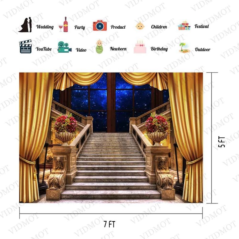 VIDMOT Old Castle Stairs Background for Party Decoration 7x5ft Golden