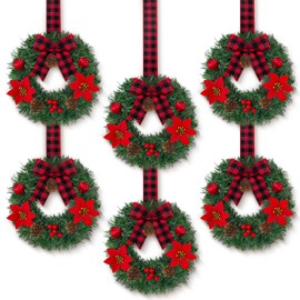 6 Pcs Mini Christmas Wreath with Bow Poinsettia Flowers and Berry,10 inch Small Christmas Door Wreath for Kitchen Window Chair Wall Decor