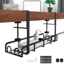 Sleclean Under Desk Cable Management Tray, Upgraded Long Arm Clamp, 16.6"x4.7" No Drill Steel Desk Cable Organizers, Cable Tray with Clamp for Desk Wire Management, Home - No Damage to Desk