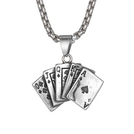 Flongo Men's Leather Bracelet, Men's Chain, Men's Pendant Necklace with Ace of Spades Playing Card, Royal Flush Poker Cards, Black / Brown, Stainless Steel