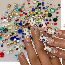 1440 Pieces Mixed Size Rhinestones Nail Charms No Hot Fix Glue on Quality Glass Flat Back Nail Art Rhinestones Kawaii Bling Round Crystal Gems Nail Diamonds for Women Girls Acrylic Nails Decorations