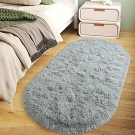 Soft Fluffy Rugs for Bedroom, Grey Fuzzy Shaggy Oval Bedside Area Rug Set of 2, Non-Slip Cozy Plush Shag Carpet for Boys Kids Room Nursery Dorm Living Room, 2.6 x 5.3 Feet
