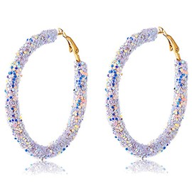 Colorful Bohemian Shiny Glitter Sequins Round Hoop Earrings Wrapped Gold Plated Circle Statement Rhinestone Dangle Drop Earrings for Women Simple Jewelry-white