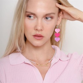 QLYOVWE Hot Pink Heart Earrings for Women Lightweight Double Love Heart Drop Earrings Unique Pink Red Love Heart Statement Earrings Valentine's Day Mother's Day Birthday Gift (Shiny Red Red 2)