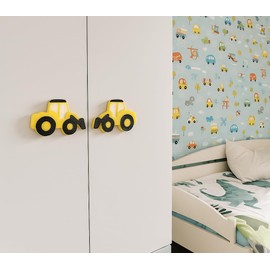 (2-Pack) Construction Roadworks Site Themed Yellow Digger Children's Door knobs - Pull Handles for Wardrobe & Cupboards -Nursery Playroom Bedroom Decor (Large 6 cm x 9 cm)