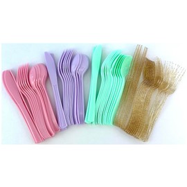 Party Plastic Cutlery Set, 24 Guest Pack, Pink Lavender Mint Gold Glitter Colors