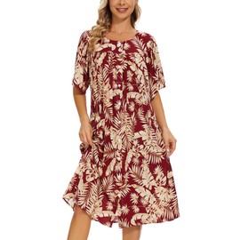 COSUNIONY House Dresses for Women Cotton Short Sleeve House Coat Buttons Down Dusters Robe with Pockets (Red Leaves, Large…