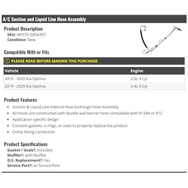 A/C Suction and Liquid Line Hose Assembly - with Gaskets, Seals, Muffler, and Service Port - Compatible with 2019-2020 Kia Optima 2.0L 2.4L 4-Cylinder