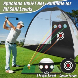 WYDHven 10x7FT Golf Practice Net for Backyard Indoor Outdoor Training, Golf Hitting Net with 3-Color Turf Mat, 5 Golf Balls and Tee, Perfect for Driving, Chipping and Swing Practice