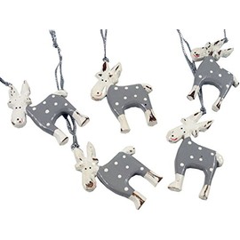 GURU SHOP Carved Reindeer, Tree Decorations, Set of 5, Grey, Wood, 5.5 x 4 x 0.5 cm, Christmas Decoration