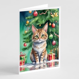 Caroline's Treasures Pixie Bob Cat By the Christmas Tree Greeting Cards Pack of 8 Blank Cards with Envelopes Whimsical A7 Size 5x7 Blank Note Cards