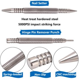 Saipe 2pcs Dual Head Nail Setter and Hinge Pin Remover Punch Set, 3/32″& 1/16″Heads Hammerless Spring Nail Set, 3500 PSI Striking Force Spring Loaded Nail Punch