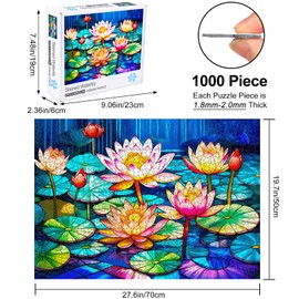 1000 Pieces Stained Glass Puzzle for Adults, Rocorose Waterlily Flower Jigsaw Puzzle, Impossible Hard Difficult Challenging Colorful Lotus Family Puzzle Gift for Game Night