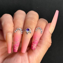 FLOWER BOMB Press-On Nails by Lavaa Beauty | Extra-Long | Purple/Violet/Pink Exotic Flower Nail Design with Gems