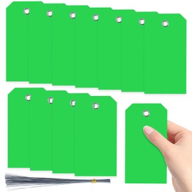 Swpeet 200Pcs Green 4.72"x2.36" Waterproof Writable Eyelet Hole Plastic Tags with Wires Assortment Kit, Hanging Tags Attached Eyelet Blank Tag for Labeling Luggage Product Identification