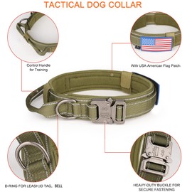 KCUCOP Tactical Dog Collar, Heavy Duty Dog Collar with Handle and Metal Buckle, Military Thick Dog Collars for Medium and Large Dogs(Green-Reflective Set-M, 1 Patch)