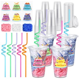 Qinyoung 24 Set Creative Happy Birthday Gifts from Teacher Students Birthday Cups with Lids Colorful Straws Stickers and Raffia Plastic Cups for Reward Kids Prize Classroom Party Supplies (Cute)