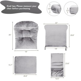 Lucky Monet 5Pcs Glider Rocker Replacement Cushions - Velvet Glider Cushions Replacement Set with Side Storage Pockets, Thick Glider Chair Cushions Washable & Non Slip, Cushion ONLY - Gray