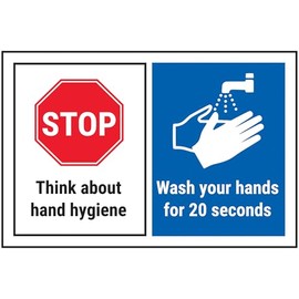 V Safety STOP/Think About Hygiene/Wash Your Hands For 20 Seconds 150 x 100 mm - 3mm Brushed Aluminium Composite Safety Sign