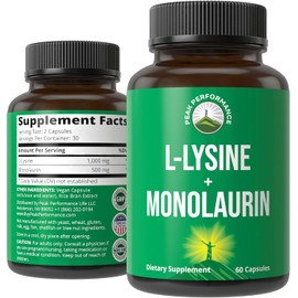 Peak Performance L Lysine 1000mg + Monolaurin 500mg High Potency Supplement for Lips, Skin, & Immune Support