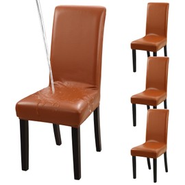 YISUN Dining Chair Covers, Solid Pu Leather Waterproof and Oilproof Stretch Dining Chair Protector Cover Slipcover (Light Brown, 4 Pack)