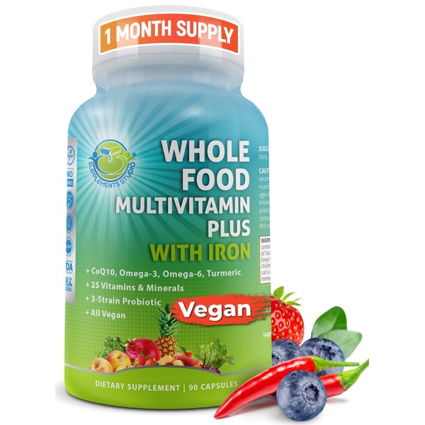 Vegan Whole Food Multivitamin with Iron, Daily Multivitamin for Women and Men, Organic Fruits & Vegetables, B-Complex, Probiotics, Enzymes, CoQ10, Omegas, Turmeric, All Natural, Non-GMO, 90 Count