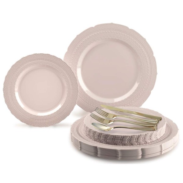 " OCCASIONS " 360 Pcs set (60 guest) - Extra Heavyweight Vintage Wedding Party Disposable Plastic Plates + Silverware (Double Fork) (Chateau in Blush Pink, Gold Silverware)