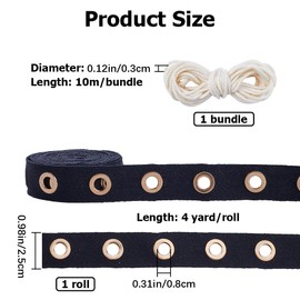 GORGECRAFT 4 Yard Black Eyelet Band Eyelet Trim 25 mm Wide Cotton Twill Bands Stripes with Golden Metal 8 mm Hole Ring for Sewing Corset Clothing Includes 10 m White Cotton Cord Threads