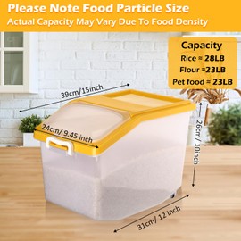Sunnyray 4 Pcs Rice Storage Container 27.6 lb Airtight Flour Container with Wheels and Yellow Lids Measuring Cup Clear Pet Food Cube Dog Birds Cat Food Bin Grain Cereal Organizer Box