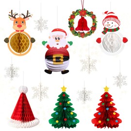 Happy Christmas Decoration Garland 13-Piece Set 3D Paper Honeycomb Ball Hanging Ornament Wall Decor Window Entrance Fashionable Santa Claus Snowman Christmas Tree Reindeer Snow Christmas Wreath