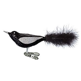 Jingle Bells Lauscha Glass Bird Shiny Black with Feathers