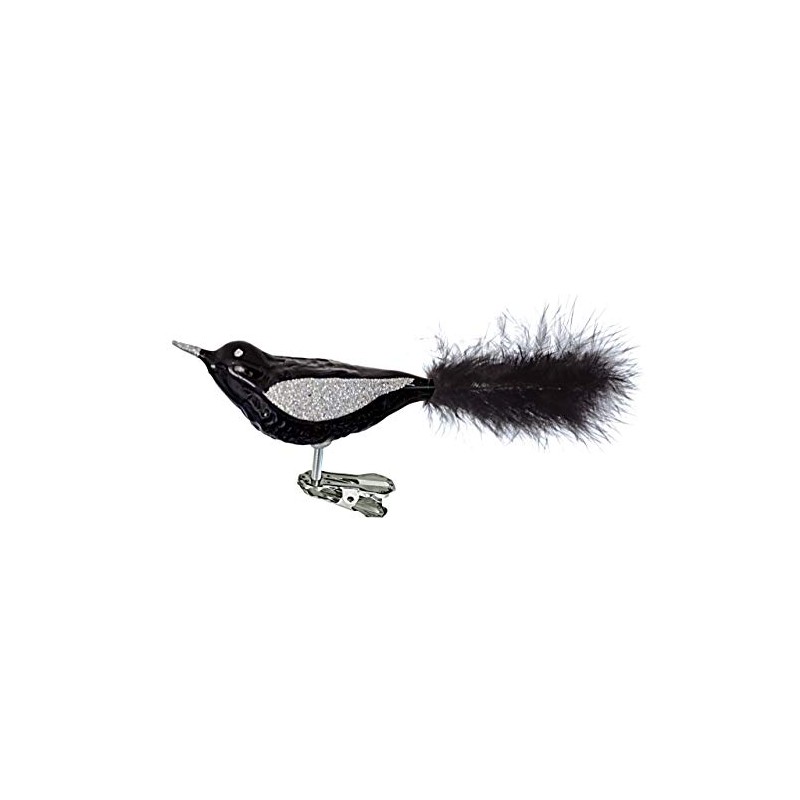 Jingle Bells Lauscha Glass Bird Shiny Black with Feathers